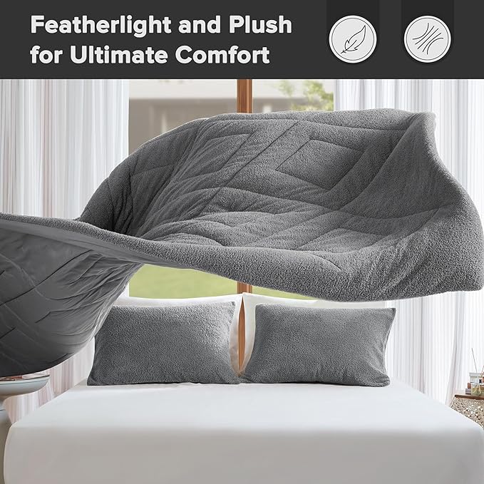 Comfort Spaces King Comforter Set Reversible Feather-Soft Plush Comforters for King Size Bed All Season Lightweight Shearling Fleece Sherpa Comforter King Size Bed Set, King/Cal King, Grey 3 Piece