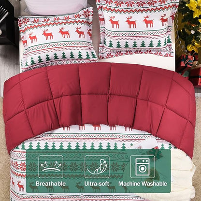 downluxe Christmas Comforter Set Queen with 2 Pillow Shams - Christmas Decoration Comforter Set with Reindeer and Snowflake Patterns - Bed Comforter Queen Set(3-Piece Set)
