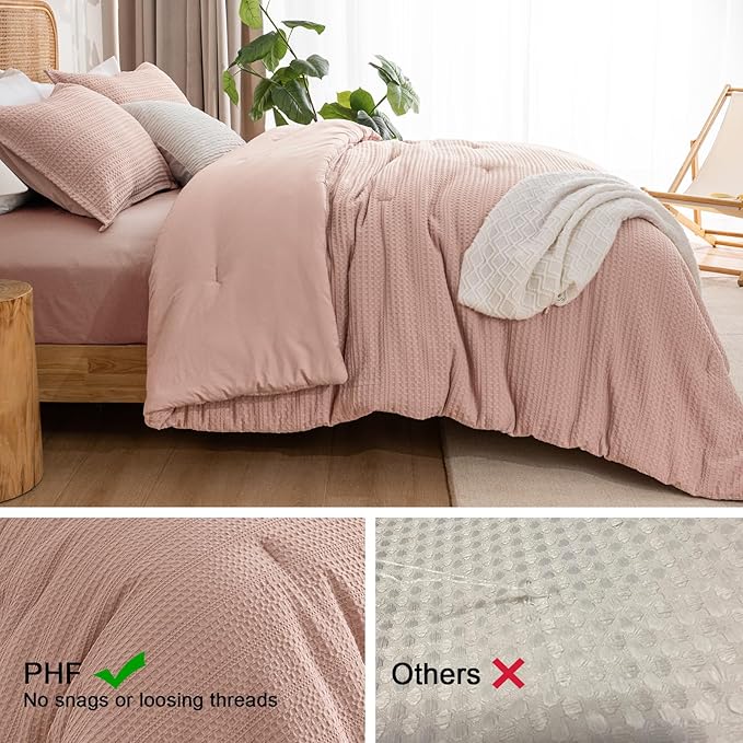 PHF Soft Waffle Comforter Set King Size- Comfy Breathable Waffle Weave Comforter with 2 Pillow Shams, 3 Pieces Less Snagging Lightweight Textured Bedding Set for All Season, Rose Pink
