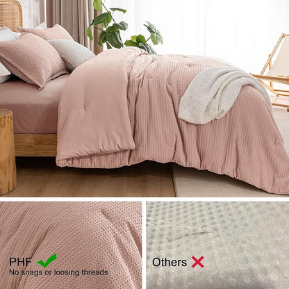 PHF Soft Waffle Comforter Set King Size- Comfy Breathable Waffle Weave Comforter with 2 Pillow Shams, 3 Pieces Less Snagging Lightweight Textured Bedding Set for All Season, Rose Pink