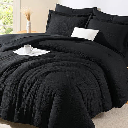 CozyLux King Size Comforter Set Black - 7 Pieces Striped Seersucker Bed in a Bag, Soft Lightweight Boho Bedding Set with All Season Comforters King Size, Sheets, Pillowcases & Shams