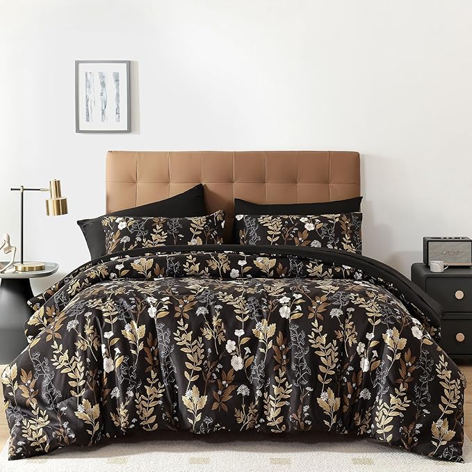 WONGS BEDDING Black and Gold Comforter Set Queen Size,7 Pieces Floral Bed in a Bag Botanical Microfiber Bedding Comforter Sets Soft Lightweight Bed Set with Sheet,Pillowcases&Shams