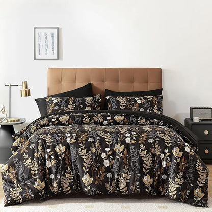 WONGS BEDDING Black and Gold Comforter Set Queen Size,7 Pieces Floral Bed in a Bag Botanical Microfiber Bedding Comforter Sets Soft Lightweight Bed Set with Sheet,Pillowcases&Shams