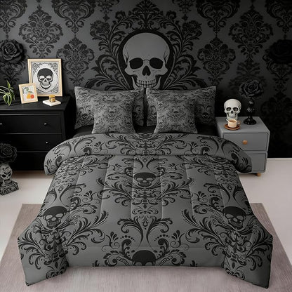 Erosebridal Gothic Damask Comforter Set 7 Piece Bed in a Bag Twin,Sugar Skull Bedding Sets Black Grey Victorian Floral Goth Sheet Set with Comforter