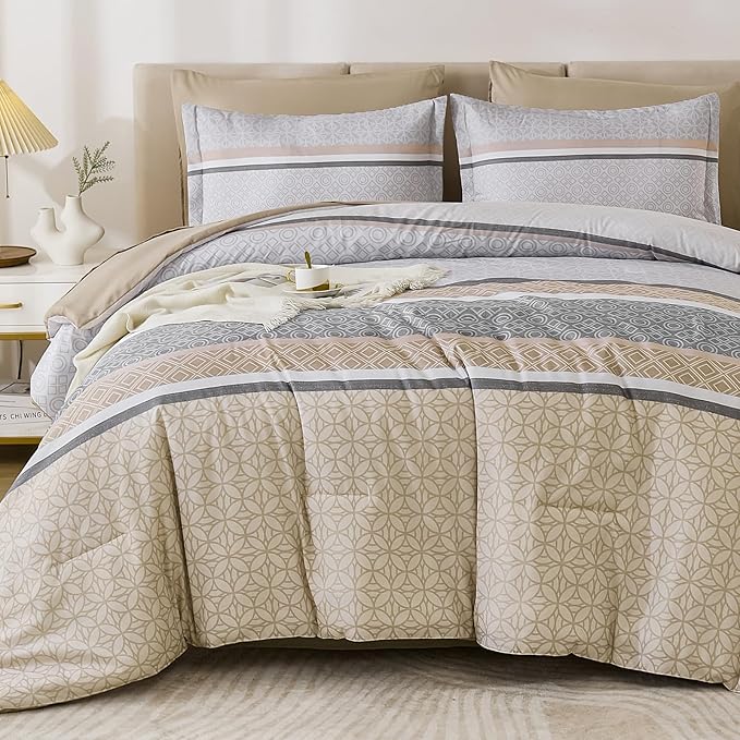 WONGS BEDDING Beige Comforter Set King Size,7 Pieces Striped Bed in a Bag Comforter and Sheet Set,Patchwork Soft Lightweight Micorfiber Bedding Set for All Seaon (90"×104")