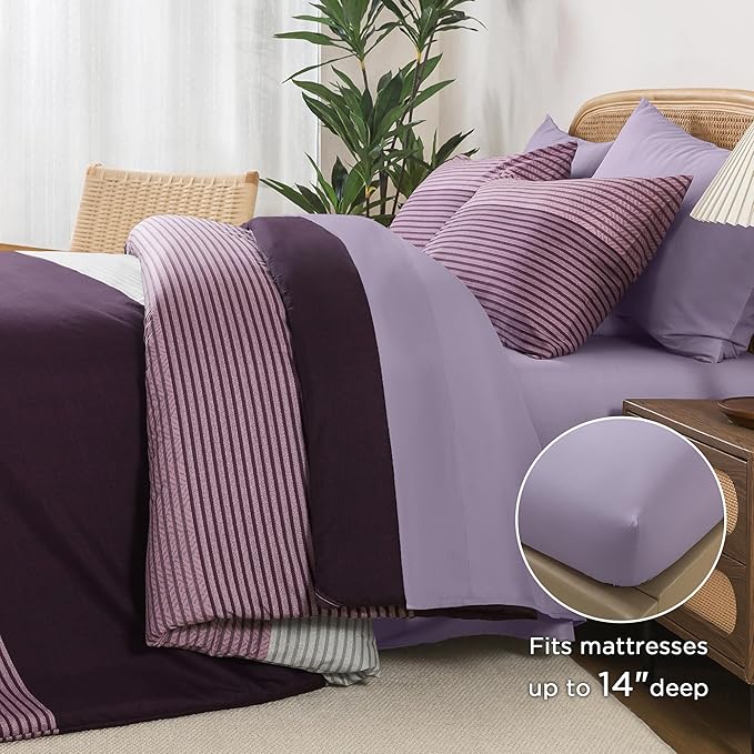 Andency King Size Comforter Set Purple - 7 Pieces Striped Lightweight Bed in a Bag, Soft Microfiber Reversible Bedding Set with Comforter, Fitted & Flat Sheet, Pillowcases & Shams