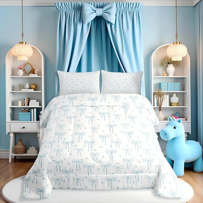 Castle Fairy Blue Bow Comforter Set Full Size,Bow Print Bedding Sets 3Pcs for Kids Teens Women Room Decor,Flower Floral Down Comforter Princess Quilted Duvet Set,2 Pillowcases
