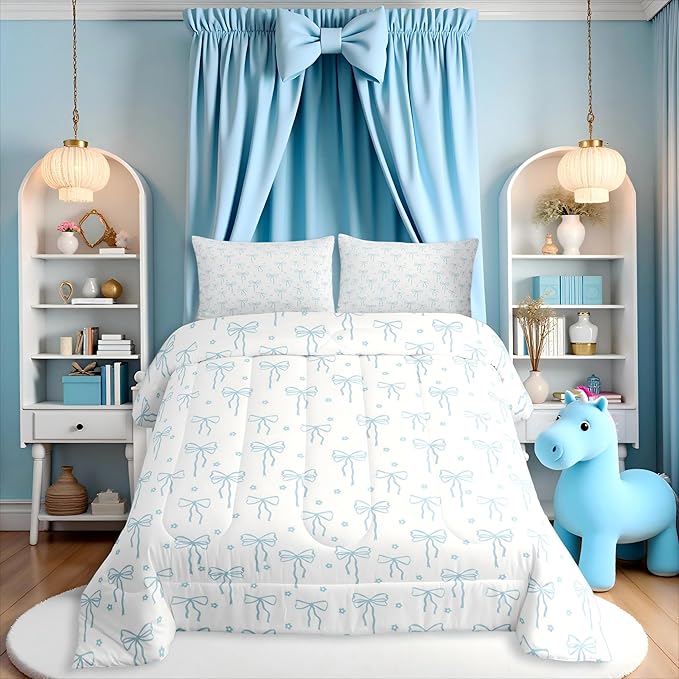 Castle Fairy Blue Bow Comforter Set Queen Size,Bow Print Bedding Set 3Pcs for Kids Teens Adults Room Decor,Flower Floral Duvet Insert Princess Quilted Duvet Sets,2 Pillowcases