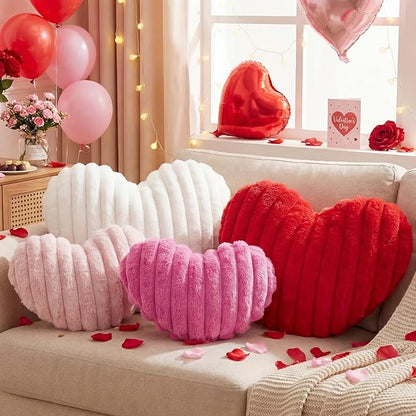 4 Pcs Heart Shaped Throw Pillows Set, 17/15/13 Inch Large Faux Fur Striped Cushions Pink Red White Heart Pillows for Couch, Bedroom, Living Room Wedding Decor