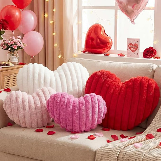 4 Pcs Heart Shaped Throw Pillows Set, 17/15/13 Inch Large Faux Fur Striped Cushions Pink Red White Heart Pillows for Couch, Bedroom, Living Room Wedding Decor