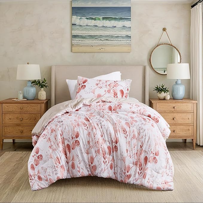 Lightweight Seersucker Botanical Comforter Set Twin Size, 2 Pieces Reversible Design with Striped Print, Premium Microfiber Bedding Set, Comforter and Sham Set, Pink