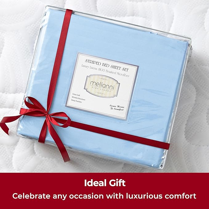 Mellanni Twin XL Sheets Set - 3 PC Iconic Collection Bedding - Hotel Luxury, Extra Soft, Cooling Bed Sheets - Wrinkle, Fade, Stain Resistant (Twin Extra Long, Striped Light Blue)