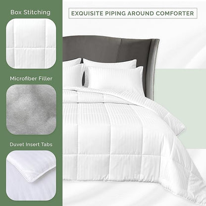 Elegant Comfort 3-Piece Stripe Cotton Comforter Set - 100% Egyptian Cotton Premium Hotel Quality - Box Stitched, All Season Down Alternative Duvet Insert with Corner Tabs, Queen, White