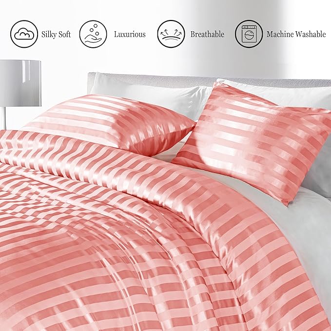 Whale Flotilla 2-Piece Reversible Silky Soft Twin Size Comforter Set, Luxury Stripe Satin Comforter Bedding Set with Satin Pillowcase, Lightweight Duvet for All Seasons, Pink