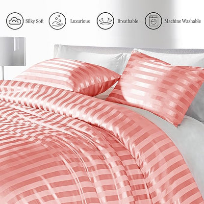 Whale Flotilla 3-Piece Reversible Silky Soft King Size Comforter Set, Luxury Stripe Satin Oversized Comforter Bedding Set with 2 Satin Pillowcases, Lightweight Duvet for All Seasons, Pink