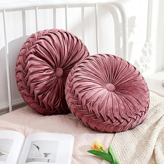 2 Pcs Round Throw Pillows Decorative Velvet Pleated Throw Pillows 15'' Diameter Accent Pumpkin Boho Chair Cushion for Couch Sofa Home Decoration (Dusty Rose)
