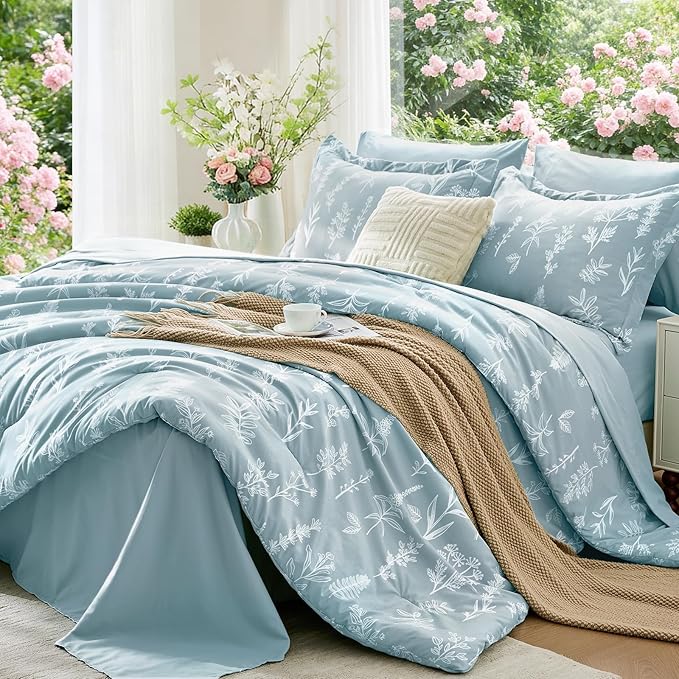 MUXHOMO Mineral Blue Twin Comforter Set, Elegant Floral Print Bed in a Bag 5 Pieces, Ultra Soft & Breathable Reversible Botanical Pattern Bedding Set with Comforter, Sheets, Pillowcase, and Sham
