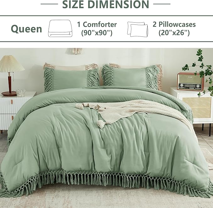 Andency Sage Green Comforter Set Queen Size, 3 Pieces Boho Tassel Lightweight Vintage Soft Bedding Comforter Sets, All Season Fluffy Fringe Bed Set (90x90In Comforter & 2 Pillowcases)