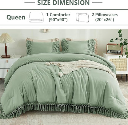 Andency Sage Green Comforter Set Queen Size, 3 Pieces Boho Tassel Lightweight Vintage Soft Bedding Comforter Sets, All Season Fluffy Fringe Bed Set (90x90In Comforter & 2 Pillowcases)