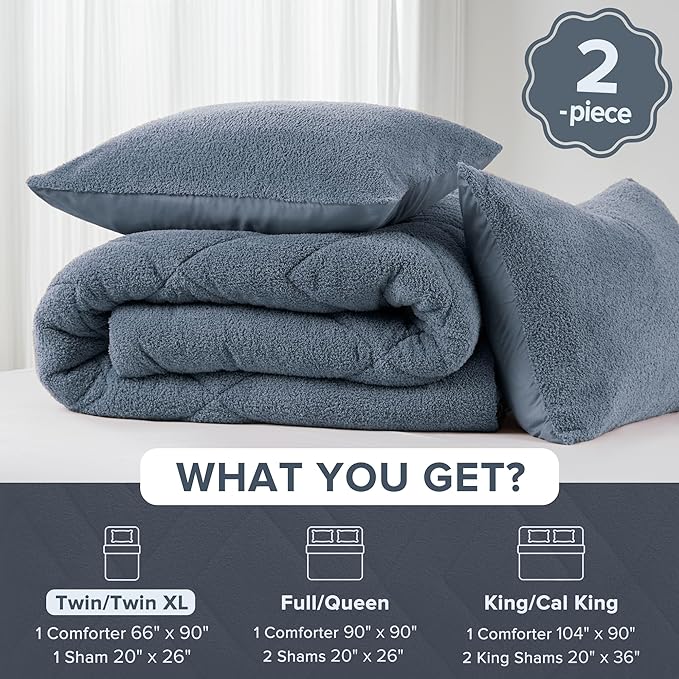 Comfort Spaces Twin Comforter Set Reversible Feather-Soft Plush Comforters for Twin Size Bed All Season Lightweight Shearling Fleece Sherpa Comforter Twin Size Bed Set, Twin/Twin XL, Blue 2 Piece