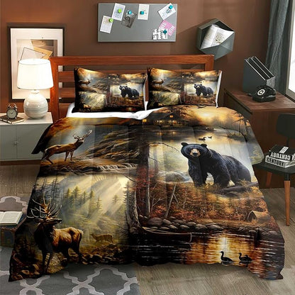 LUVIVIHOME 2PCS Black Bear Deer Comforter Set Twin Size, Elk Moose Mallard Duck Woodland Forest Animal Wildlife Hunting Camo Hunter Country Lodge Rustic Farmhouse Cabin Bedding Sets, 1 Pillow Sham