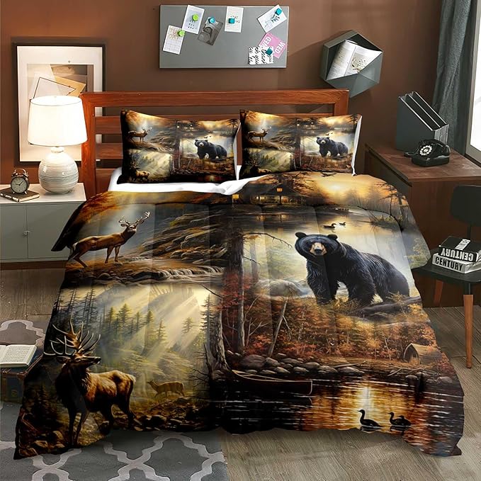 LUVIVIHOME 3PCS Black Bear Deer Comforter Set King Size, Elk Moose Mallard Duck Woodland Forest Animal Wildlife Hunting Camo Hunter Country Lodge Rustic Farmhouse Cabin Bedding Sets, 2 Pillow Shams