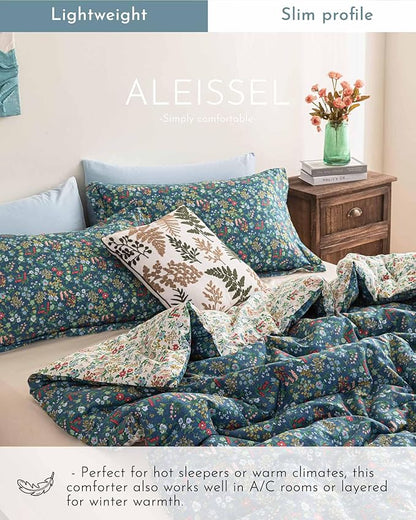 Cotton Floral Comforter Queen Size - 3PC Lightweight Bedding Sets with Ultra-Soft Alternative Fill, Luxurious Reversible Design with Vibrant Floral Pattern, Deep Slate Blue & White Options