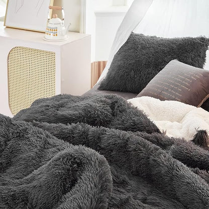 Joyreap 3-Piece Plush Shaggy Comforter Set, Full/Queen Size Luxury Faux Fur Sherpa Reversible Bedding Comforter Set, Ultra Cozy Warm Fluffy Bedding Set for Winter (Black, 88x88 inches)