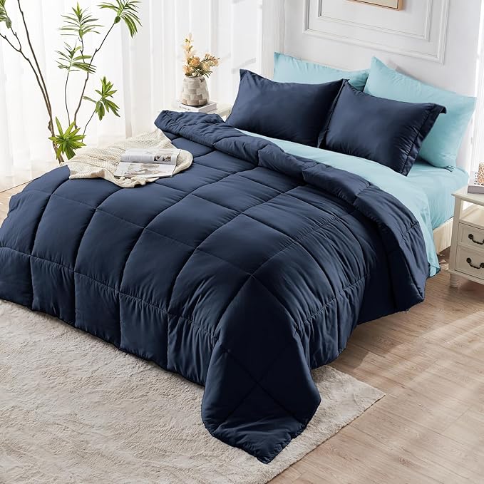 JOLLYVOGUE King Comforter Set, Ultra-Soft Bed in a Bag King Size 7 Pieces, Oeko-TEX Certified Bedding Set with Down Alternative Comforter, Sheets, Pillowcases & Shams, Navy & Light Blue