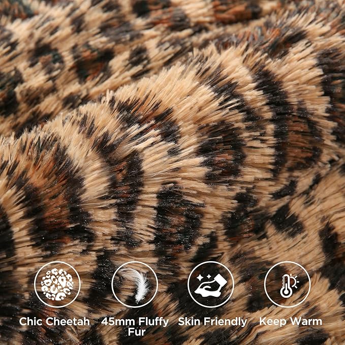 Cheetah Print Fluffy Faux Fur Comforter Set Full Size, 3 Pieces Brown Leopard Plush Shaggy Fuzzy Bedding Set, Ultra Soft Luxury Furry Boho Animal Print Winter Warm Comforter for Women Gilrs