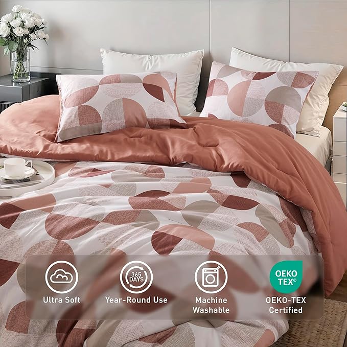Stylish Three-Tone Printed Twin Size Comforter Set, 2 Pieces Ultra-Soft Microfiber Bedding Set, Warm and Cozy Comforter for All Seasons, Terracotta Blush