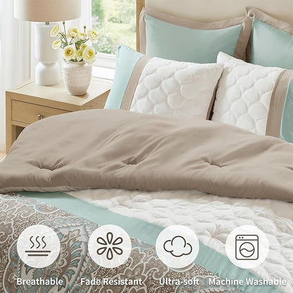 510 DESIGN Luxe Quilted Comforter Set Modern Transitional Design, All Season Down Alternative Warm Bedding Matching Shams, Bedskirt, Decorative Pillow, Queen, Shawnee Scrollwork Seafoam