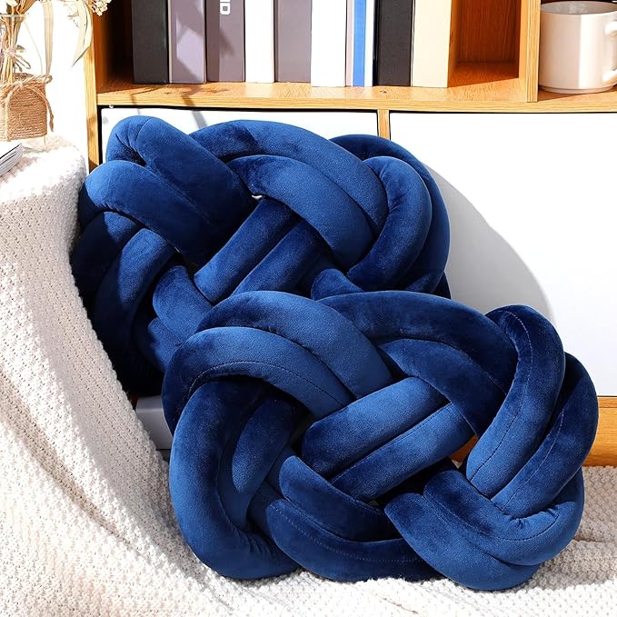 Sintuff Set of 2 Velvet Knot Pillow Ball 14 x 16 Inch Soft Decorative Knotted Throw Pillow for Christmas Thanksgiving Couch Home Sofa Bedroom Decor to Add Comfort and Style(Navy Blue)
