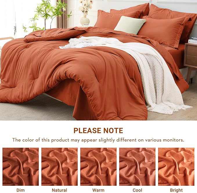 MUXHOMO 7 Pieces Full Comforter Set, Soft Bed in a Bag Full Size, All Season Bedding Set with Comforter, Flat Sheet, Fitted Sheet, Pillowcases & Shams, Burnt Orange