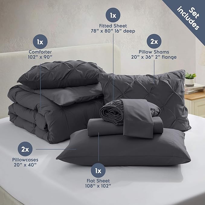 Nestl 7 Piece Comforter Set - Pinch Pleated King Comforter, Dark Grey, All Season King Bed Set, Bedding Set with Flat Sheet, Fitted Sheet, Pillowcases and Shams