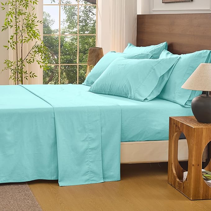 Bedlifes 100% French Flax Linen Sheets Set King Size - 6 Piece Extra Deep Pocket 18-24",Soft Breathable King Bed Sheets with Temperature Regulating & Moisture-Wicking(Teal