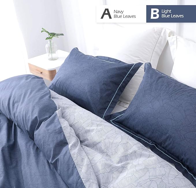 SLEEPBELLA Comforter King Size, 600 Thread Count Cotton Navy & Grey Leaves Reveisible Comforter Sets, Down Alternative Bedding Set 3Pcs(King, Navy&Blue Leaves)