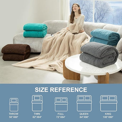 Electric Blanket Queen Size Single Control - Soft Double Sided Sherpa Heated Blanket with 6 Fast Heating Levels & 10 hrs Timer Settings, Washable & Overheat Protection for Bed, Blue