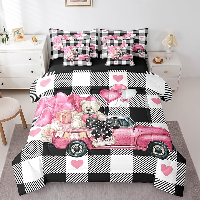 Feelyou Girls Like Cartoon Cute 7 Piece Bedding Set Full Size Me&You Love Car Comforter Set with Sheets for Boys Girls Adult Cute Bear Bed in a Bag Women Men Pink Balloon Bed Set