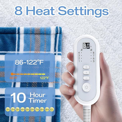 Twin Size Electric Blanket Heated, 62" x 84" Blue Plaid Heated Blanket with 8 Heat Levels & 10 Hours Auto Off, Fast Heating Blankets Machine Washable with ETL & FCC Certification