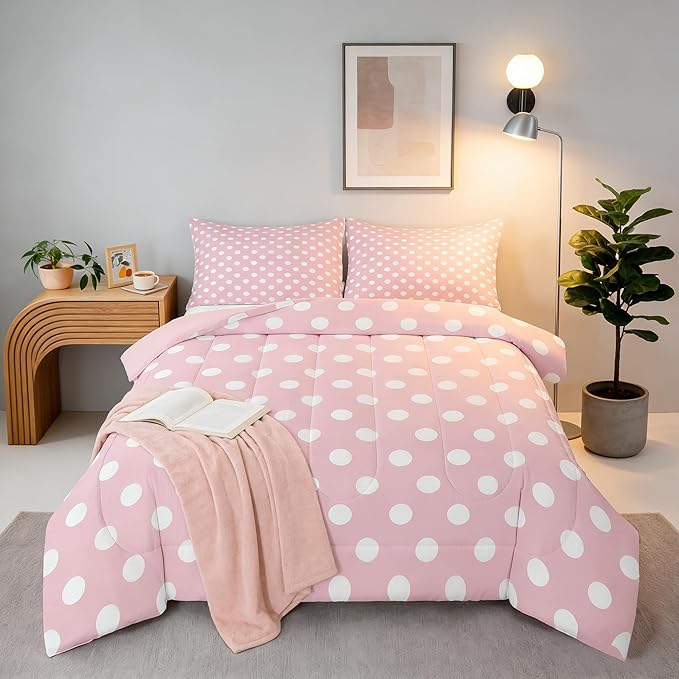 Manfei Polka Dots Comforter Set Twin Size,Cartoon French Style Princess Pink White Bedding Set 2 Pcs for Girls,Modern Geometric Circles Abstract Simple Art Comforter,1 Pillowcase