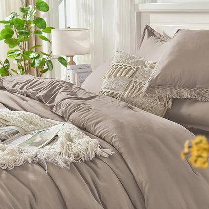 Andency King Size Comforter Set with Sheets Khaki - 7 Pieces Bed in a Bag Boho Soft Lightweight Bedding Sets, Tassel Bed Set with Comforter, Sheets, Pillowcases & Shams
