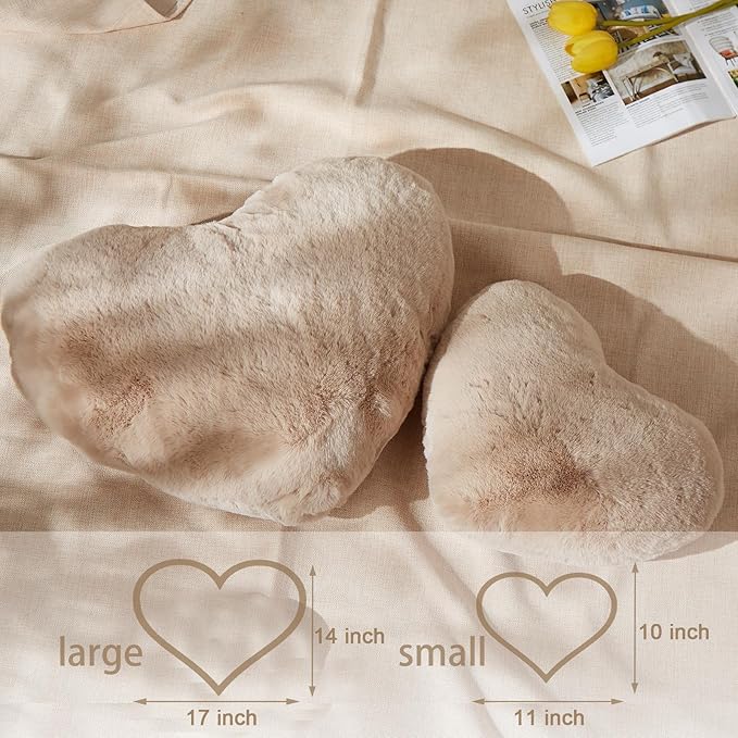 YRXRUS Heart Pillows, Love Heart Shaped Pillow, Small Cute Beige Heart Pillows for Gifts, Faux Rabbit Throw Pillows for Her, Kids, Girls Home Decoration, 10X11 Inch
