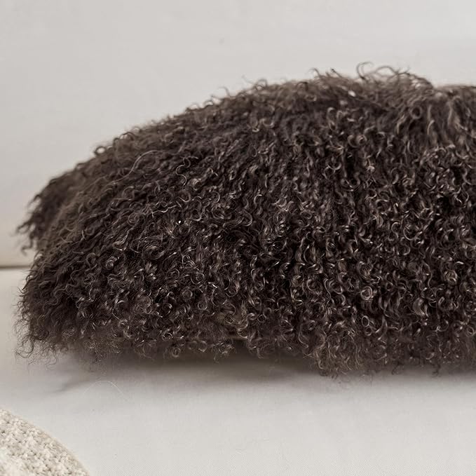 Genuine Mongolian Lamb Fur Pillow Cover – 12"x20" Rectangular Cushion Case – Soft Curly Wool Decorative Accent for Sofa, Bed, or Chair (Chocolate Brown)