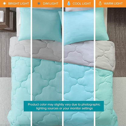 Comfort Spaces Vixie Reversible Comforter Set - Trendy Casual Geometric Quilted Cover, All Season Down Alternative Cozy Bedding, Matching Sham, Aqua/Gray, Twin/Twin XL 2 piece