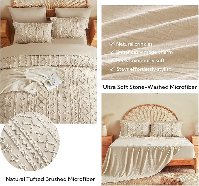 MR&HM Twin XL Comforter Set Beige, 5 Pieces Tufted Boho Beddding Sets, Farmhouse Style Bed in a Bag with 1 Comforter, 1 Pillow Sham, 1 Pillowcase, 1 Flat Sheet, 1 Fitted Sheet for College Dorm