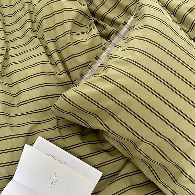 mixinni Vintage Mid-Century Striped Comforter Set Twin XL - 3 Pieces 1 Fluffy Comforter&2 Pillowcases, Olive Green & Dark Brown Retro Striped Bed Set, All Season Lightweight & Breathable