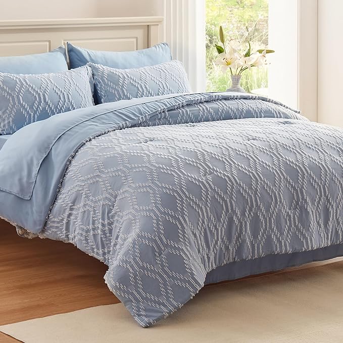 EMME 7 Piece King Embroidery Comforter Set Bed in A Bag, Microfiber Tufted Bedding Comforter with Sheets, Ultra Soft Comfortable Boho Bedding Set for All Season (King, Dusty Blue)