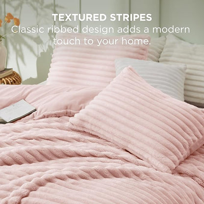 Bedsure King Size Comforter Set - GentleSoft™ 3 Pieces Fluffy Double-Side Fleece Comforter Set, Cozy Striped Room Decor Aesthetic, Luxury Pink King Bedding with 2 Pillowcases, 104x90 Inches