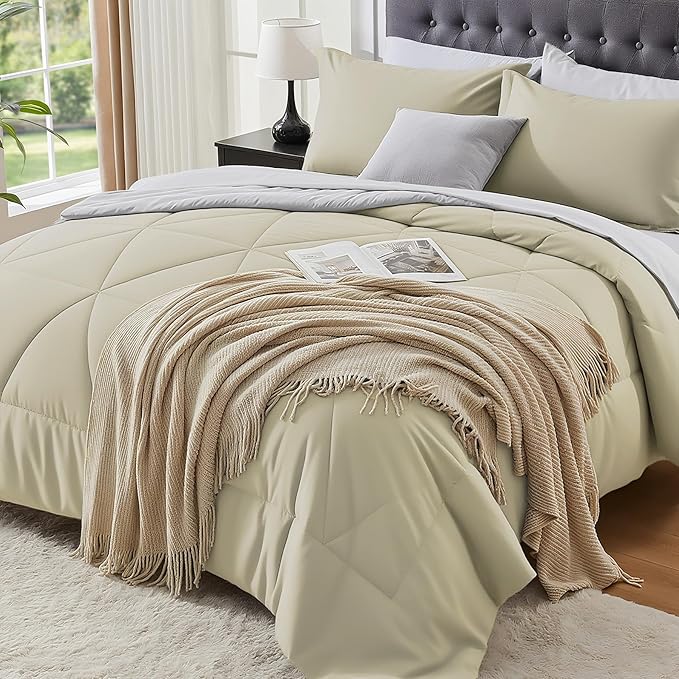BEDELITE King Size Comforter Set 7 Pieces Bed in A Bag - Soft Microfiber Reversible Oatmeal Bed Set with Comforters, Sheets, Pillowcases & Shams, Cozy Luxury Bedding Sets for All Season